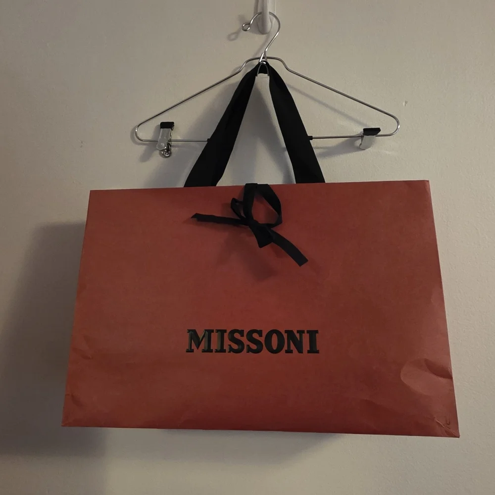 MISSONI Auth. Red Shopping Bag – Black Ribbon Handles, Large 18” x 14” x 6”